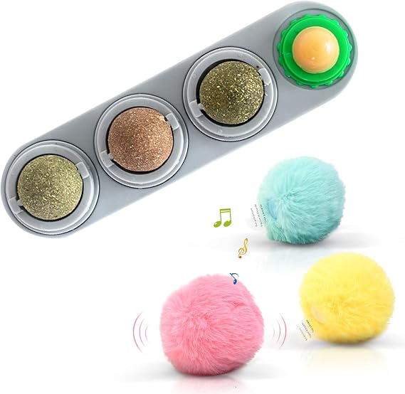 4 Pack Catnip Wall Toys and 3 Pack Fluffy Plush Cat Chirping Balls