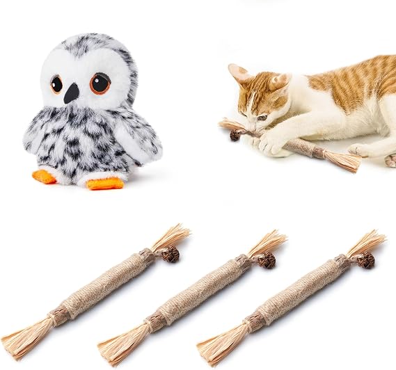 3 Pack Silvervine Cat Chew Toys and Flapping Snowy Owl
