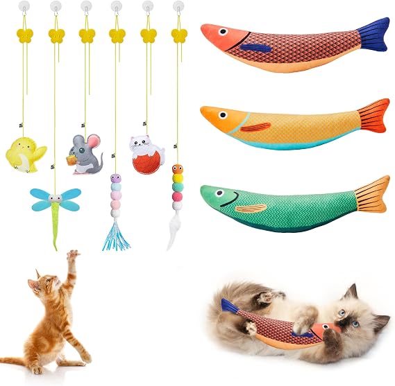 3 Pack Saury Fish and 6 Pcs Hanging Cat Toys