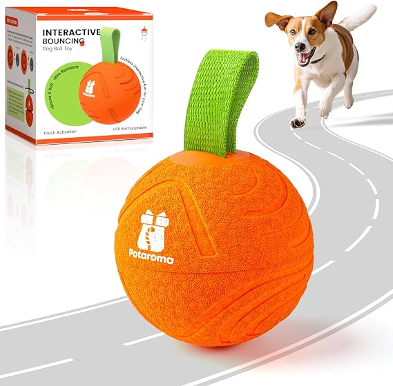 Dog Ball Toys with Rope, Interactive Motion Activated 3 Mode USB Bouncing Ball Toys Durable E-TPU Material for Medium/Large Dogs, 3.2"-Not for Aggressive Chewers